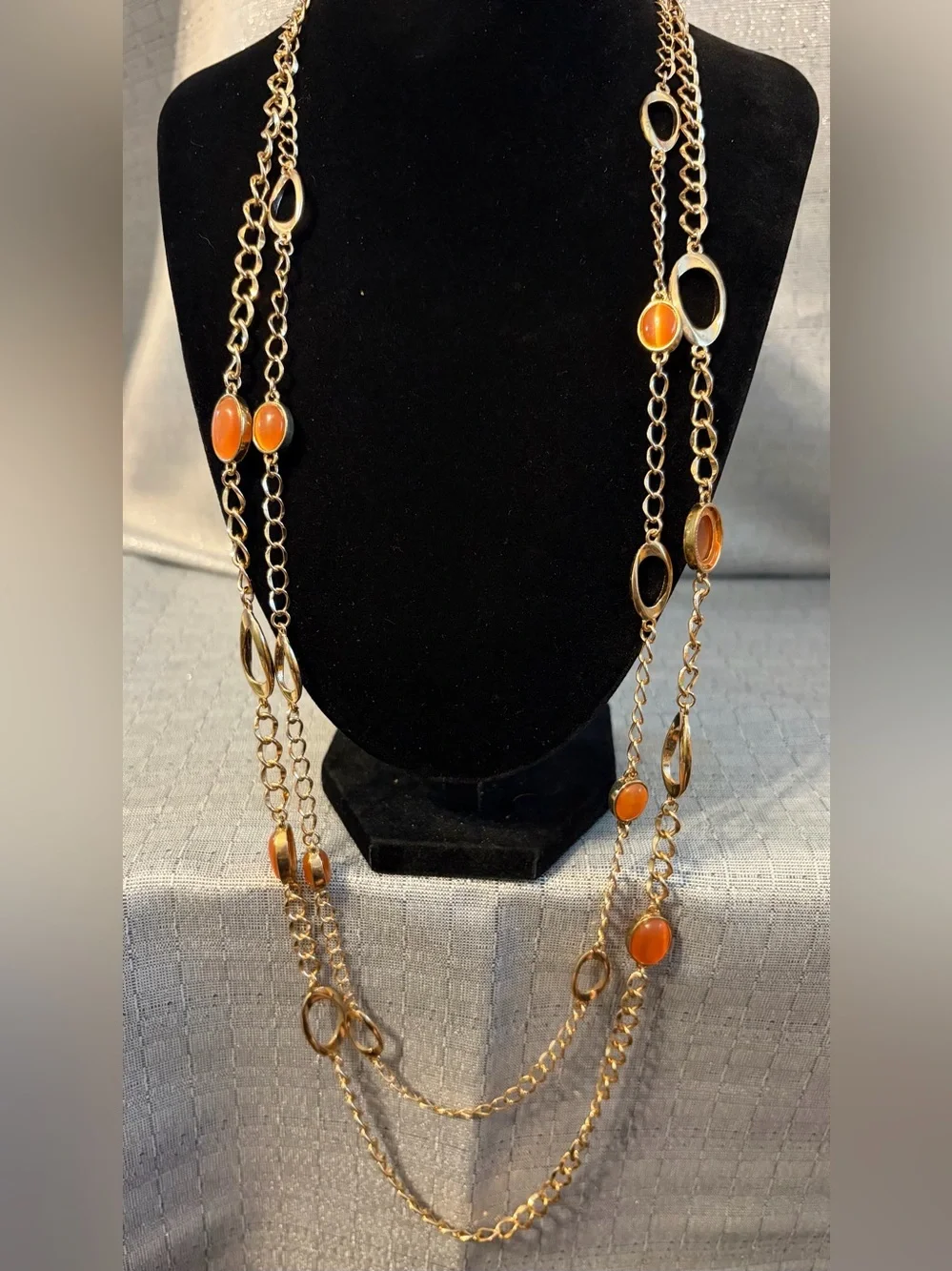 Long Gold Chain Necklace with Orange Cabochon Accents